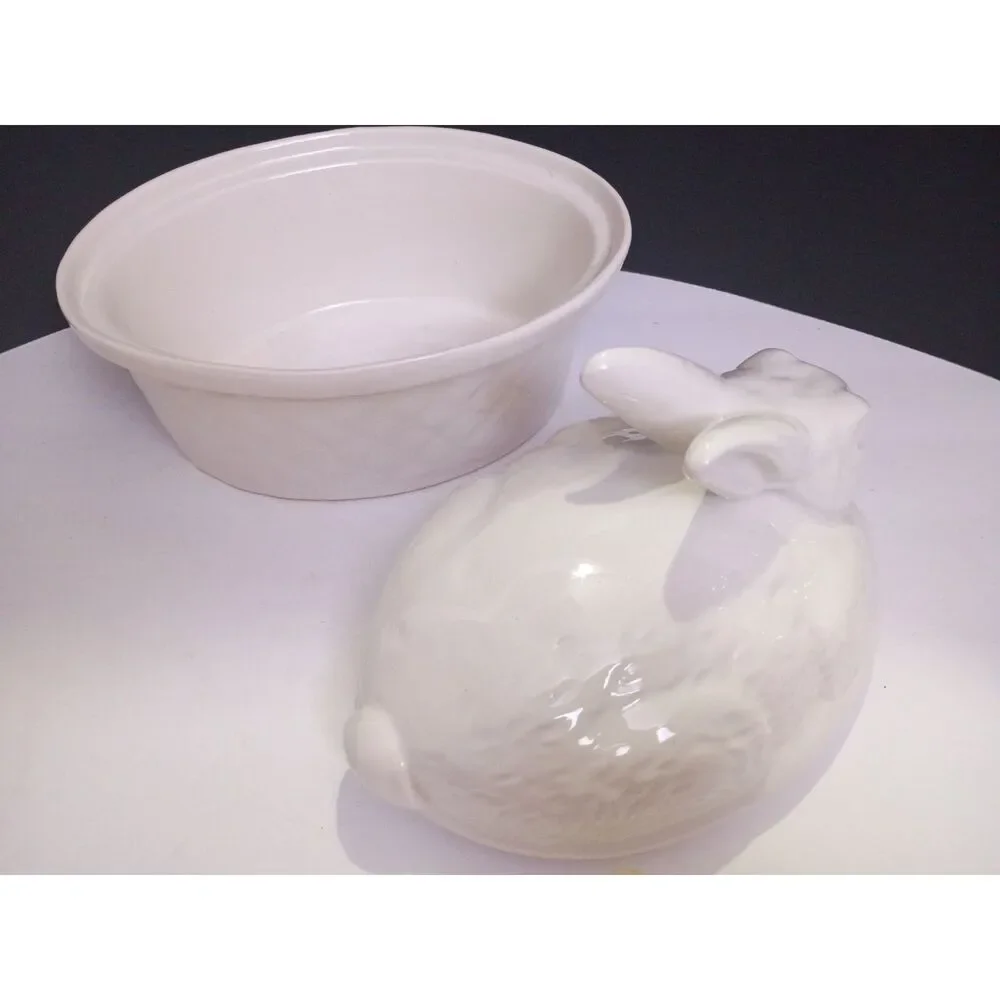 1950s California USA Pottery White Rabbit Vintage Easter Covered Casserole Dish